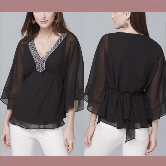 White House Black Market Tops - White House Black Market Embellished-Trim Kimono Blouse Boho  Medium